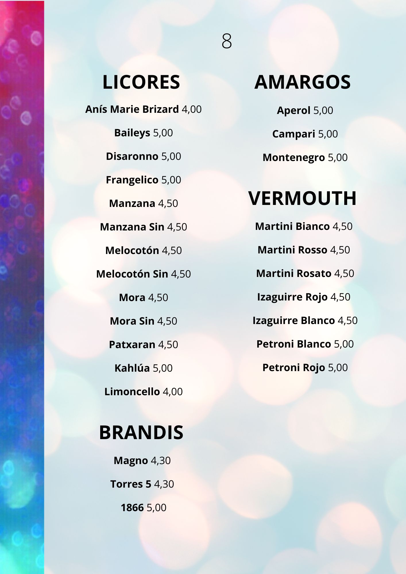 8 licores brandis amargos y vermuts